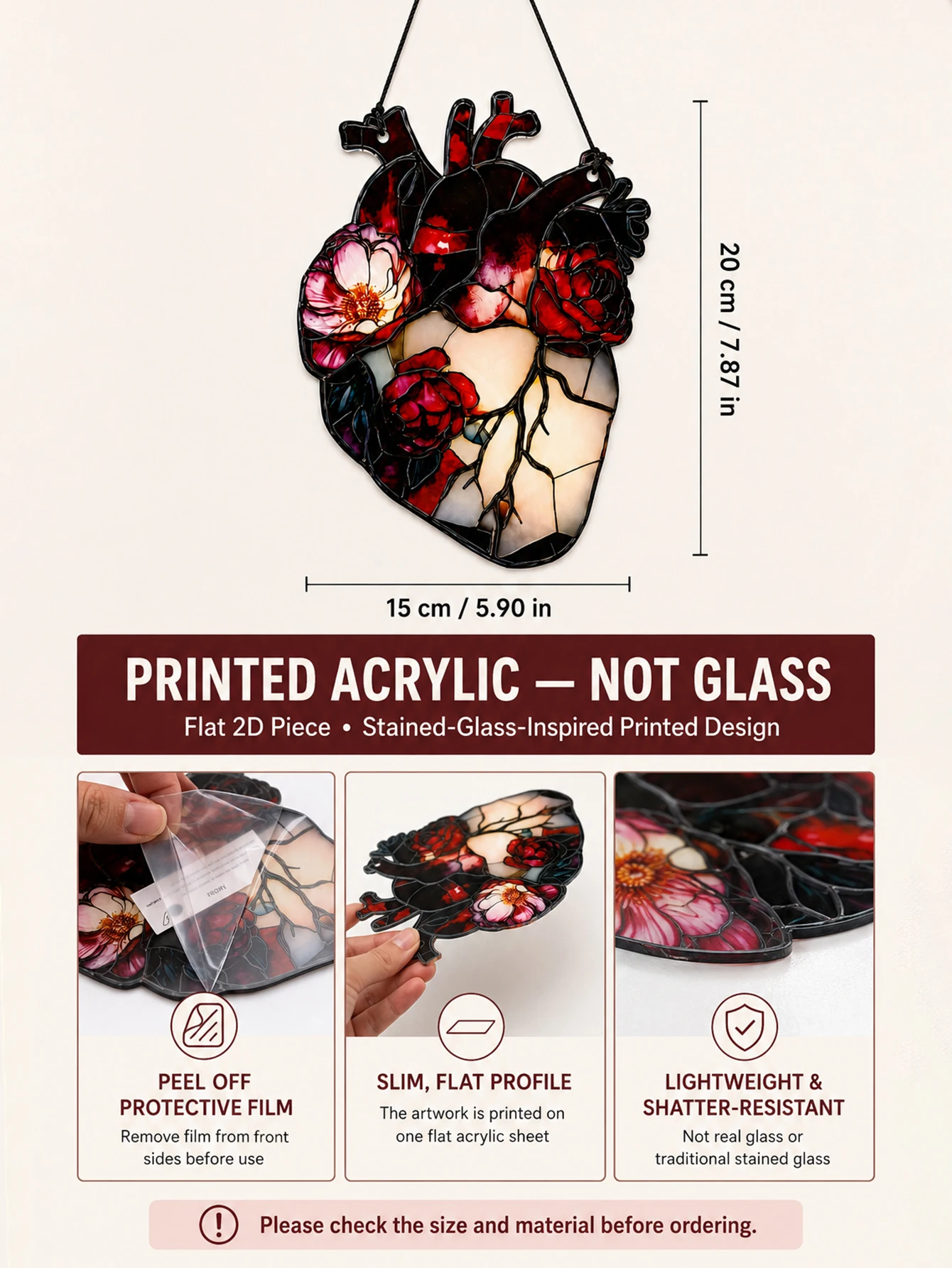 Vintage Gothic Floral Anatomical Heart Suncatcher Acrylic Window Wall Hanging Ornament Red Rose Heart Art Home Wall Decor Gift view 6