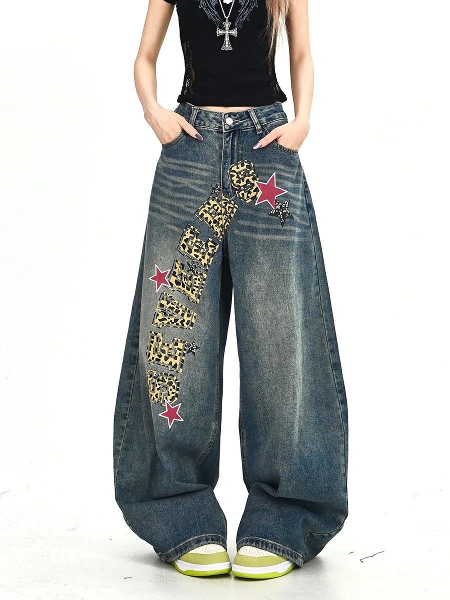 

Модные женские джинсы с широкими штанинами и леопардовым принтом, свободного кроя, в американском ретро-стиле, летняя новинка, брюки в пол