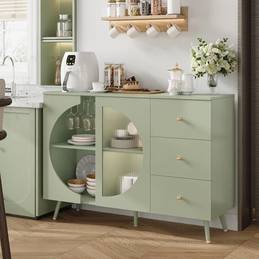 Coffee Bar Cabinet with Fluted Glass Door, Modern Cream Style Buffets & Sideboards with Wine Glass Rack