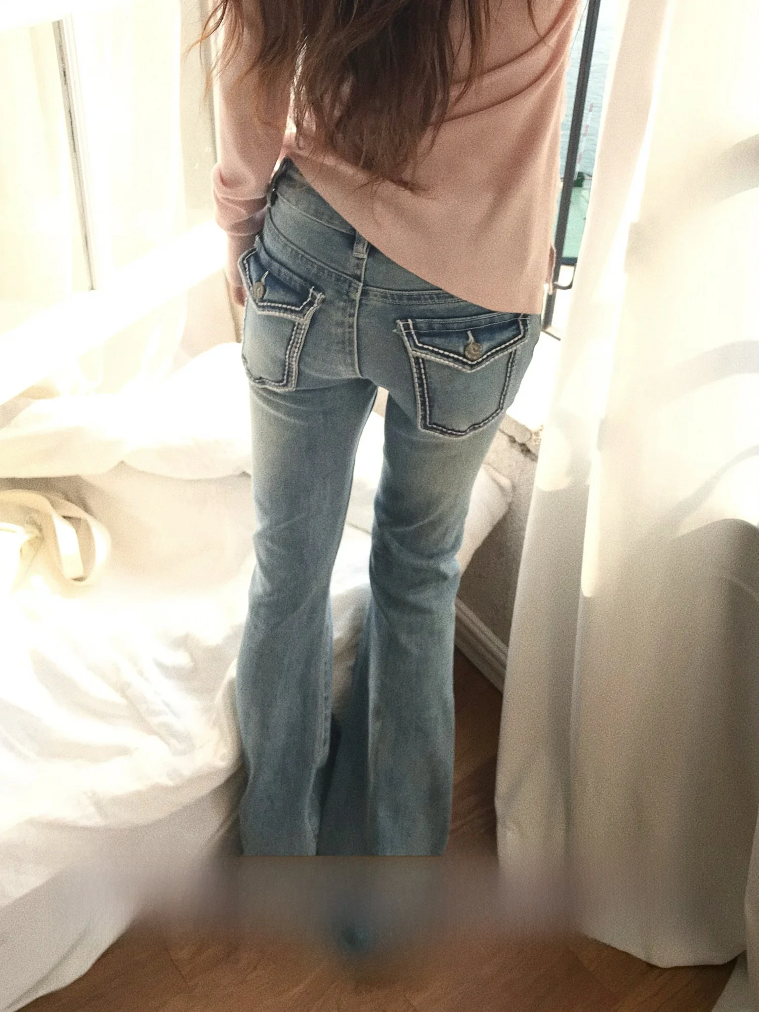 

Retro Low Waist Embroidered Micro Flared Denim Jeans Women's Slim Fit Long Pants Asymmetric Hemming l Waist Commute Sle