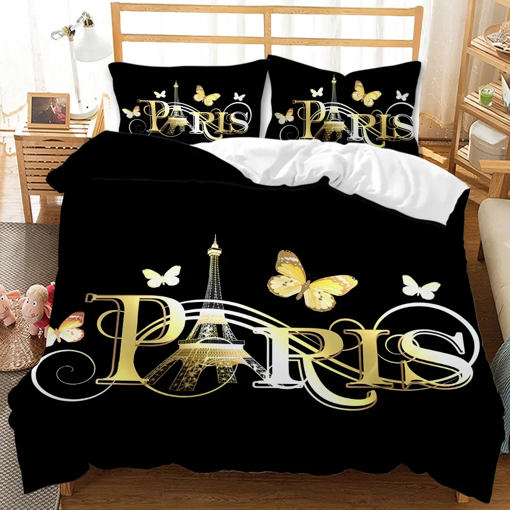 Paris Eiffel Tower Duvet Cover Set Floral Paris Landmark Eiffel Tower King Bedding Set Romantic Couple Polyester Comforter Cover