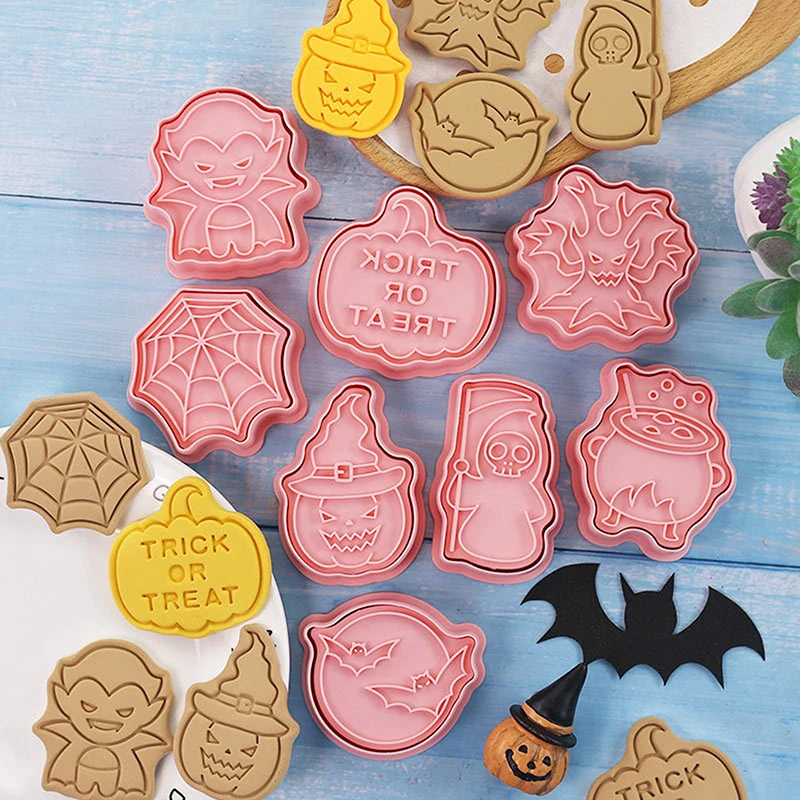 8/10Pcs Cartoon Halloween Biscuit Mould Halloween Bat Pumpkin Ghost Skull Cookie Cutting Mold Fondant Cookie Cutter Baking Tool