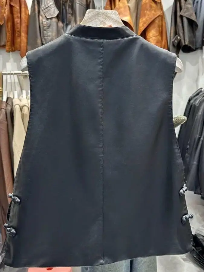 New Chinese Sle Genuine Leather Retro Bla Slimming Vest Women's Autumn Winter Casual Button up Tank Top Thiened Single ...