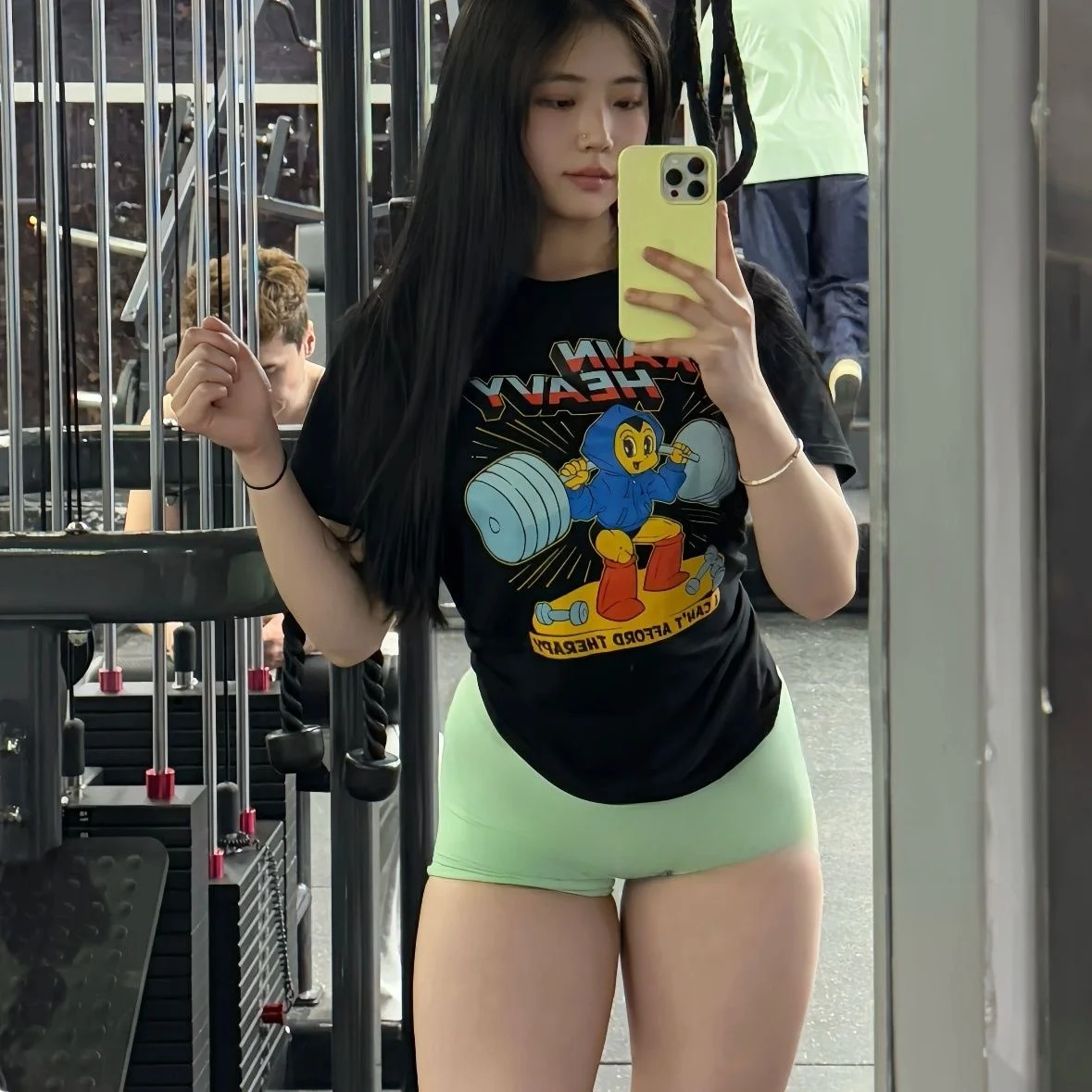 

American Sle Fitn Gym ort Sve T-irt Dumbbell Running Sportswear Women's Top Cotton round Ne Cartoon Print