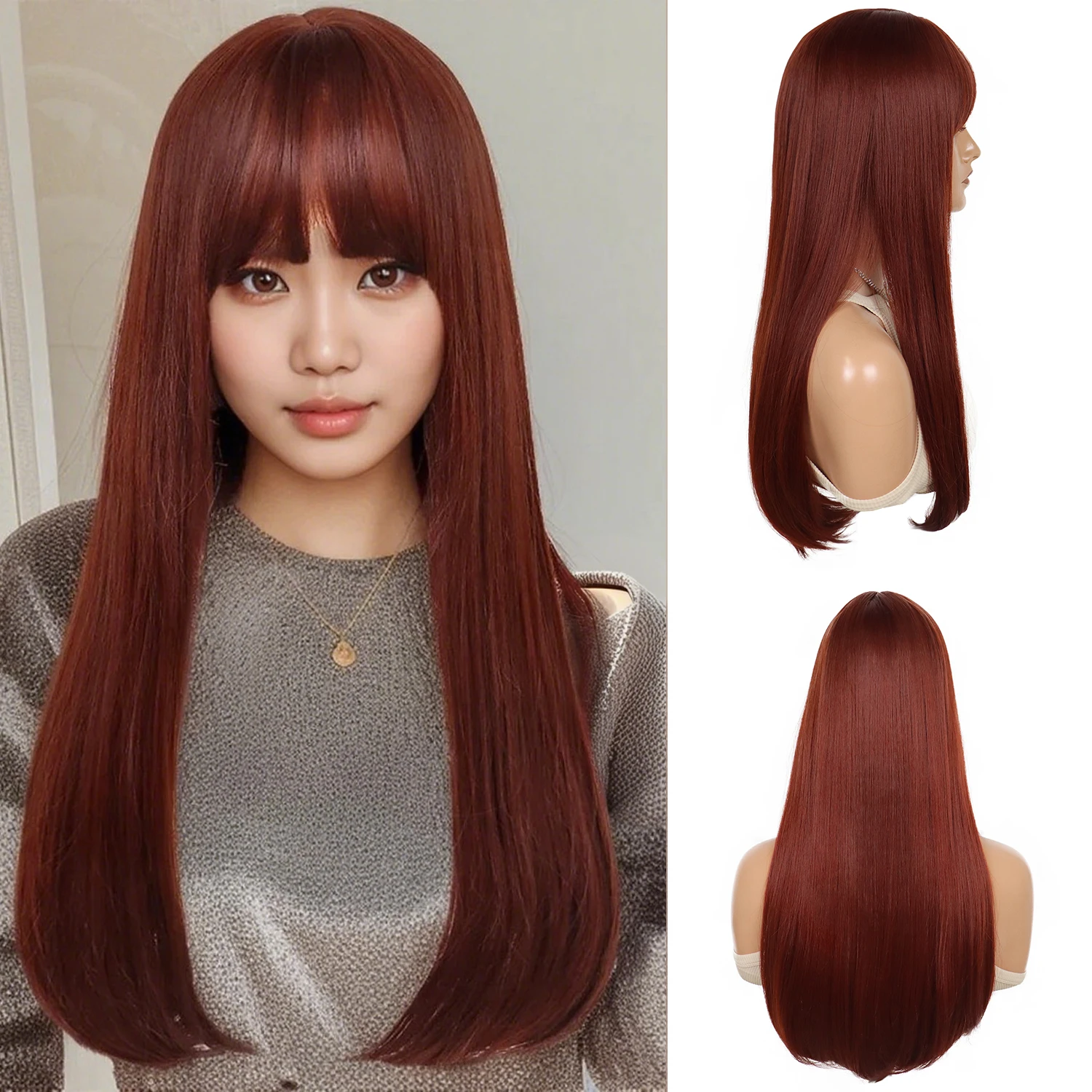 

Wine Red Wig with Bangs Synthetic Hair 26inch Long Straight Wigs for Women Fashion Cosplay Wigs Halloween Costume Female Daily