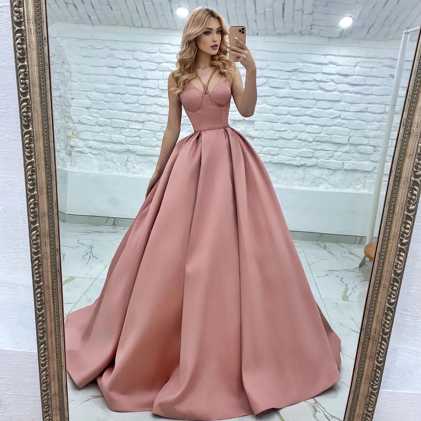 

Romantic Pink Satin A Line Halter Evening Dress Sexy Strapless Backless and floor length Graduation Formal Porm Party Dress