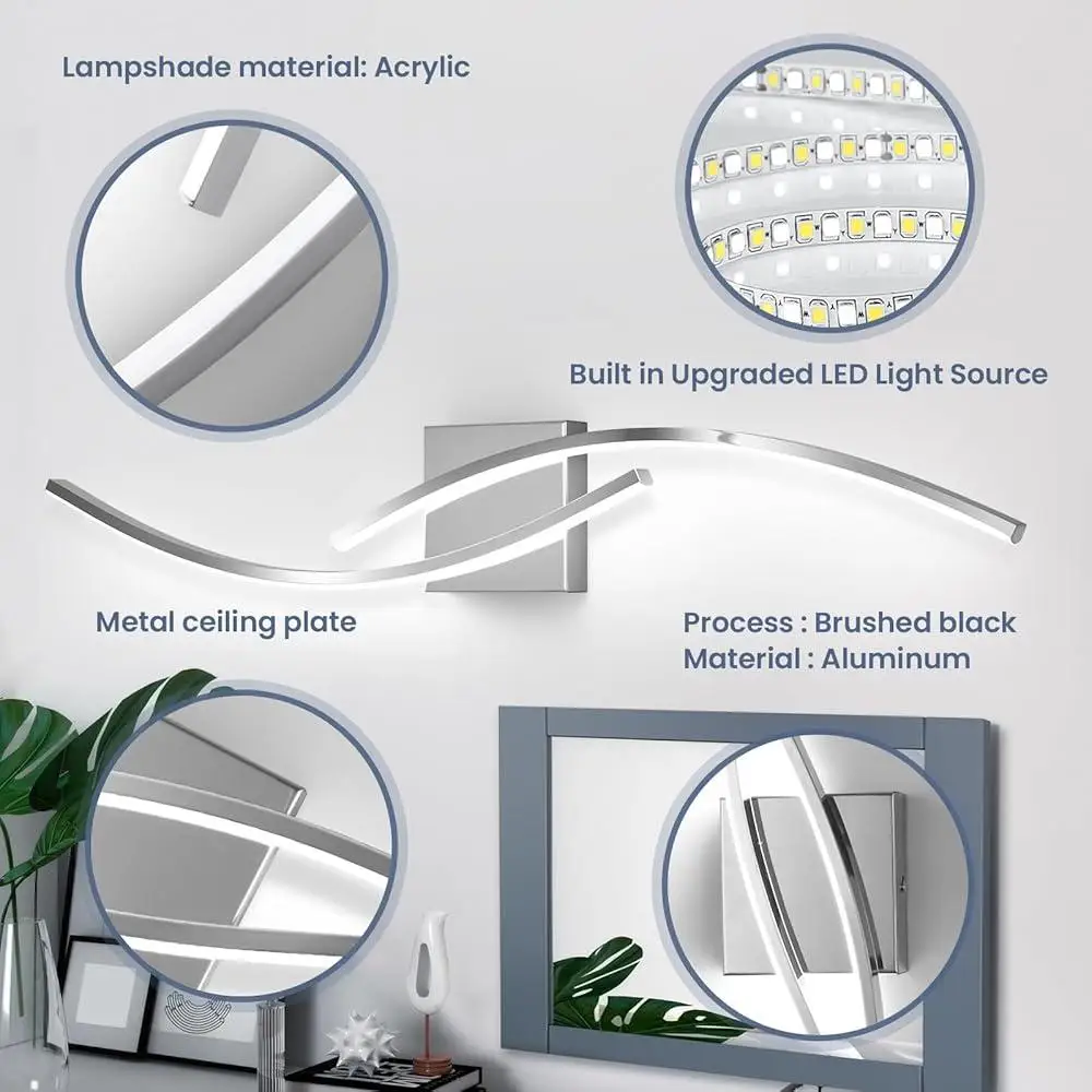 모던 LED 욕실 조명 24W 크롬 피팅 거울 조명 31인치 방수 아크릴 쉐이드 6000K 밝은 빛