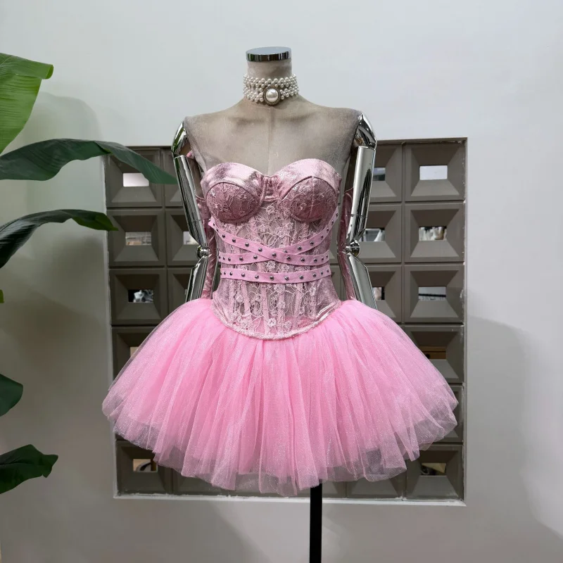 New women's matching sets: Lace 2-piece strapless sweetheart top, glitter tulle mini skirt, chic stage outfit for birthday, club
