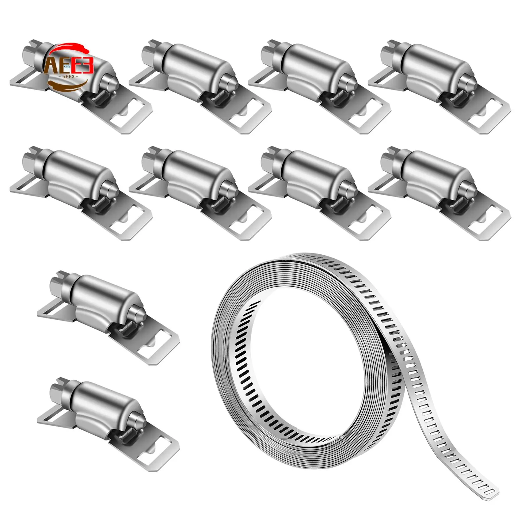

AEE3-DIY Clamp Hose Clamp Pipe Hose Stainless Steel Silver 9.84Ft Adjustable Band With 10 Pieces Attachment