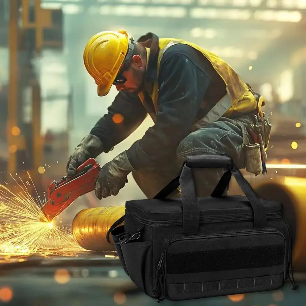 Kit di attrezzi per la lavorazione del legno per elettricisti da 14 pollici Borsa portatile da uomo nera Borsa multifunzionale per riporre hardware di grande capacità