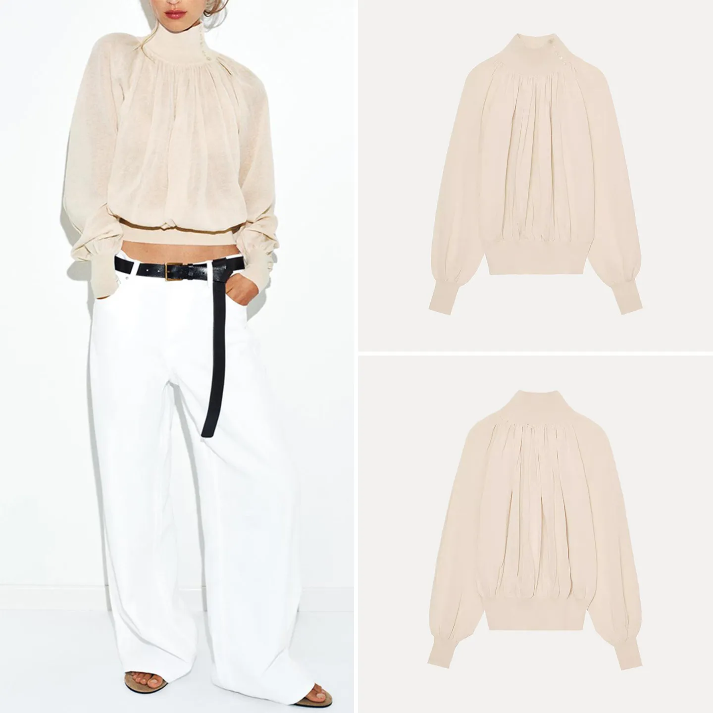 

Женская трикотажная рубашка ZADATA с длинным рукавом, воротником-стойкой и драпировкой, весна 2026, элегантный европейский стиль, стандартный крой