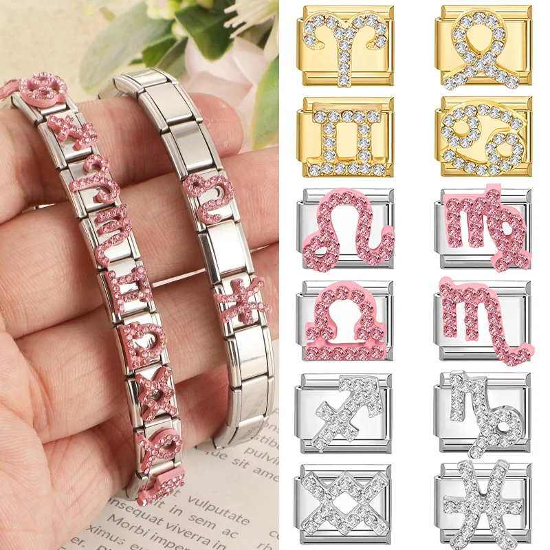 Nouveau Charme Créatif Zircon 12 Constellations Zodiaque Maillons Italiens pour Bracelet en Acier Inoxydable 9mm Femme DIY Fabrication Cadeau Vente en Gros