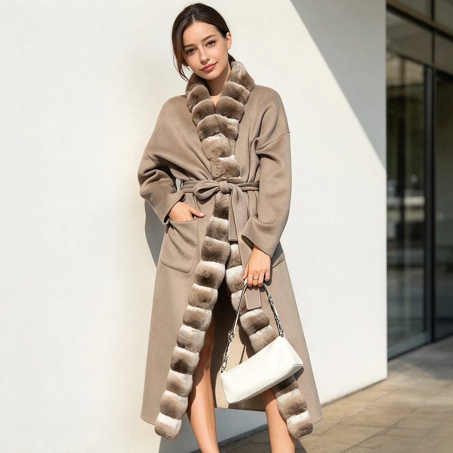 Kaschmir-Wollmantel mit Kaninchenfellkragen, Chinchilla-Fellmantel, Winterjacke für Damen, hochwertiger, langer Wollmantel.