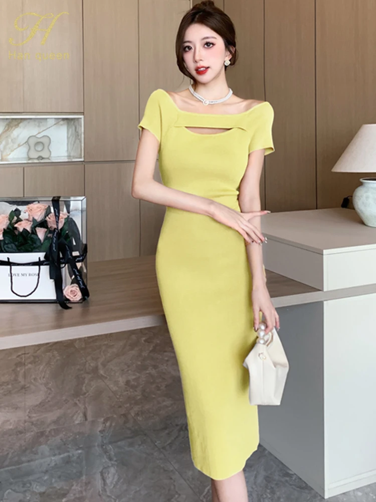 H Han Queen Summer Clothes Women 2024 Simple Vintage Dresses Office Bodycon Pencil Sheath Midi Dress Slim Elegant Chic Vestidos