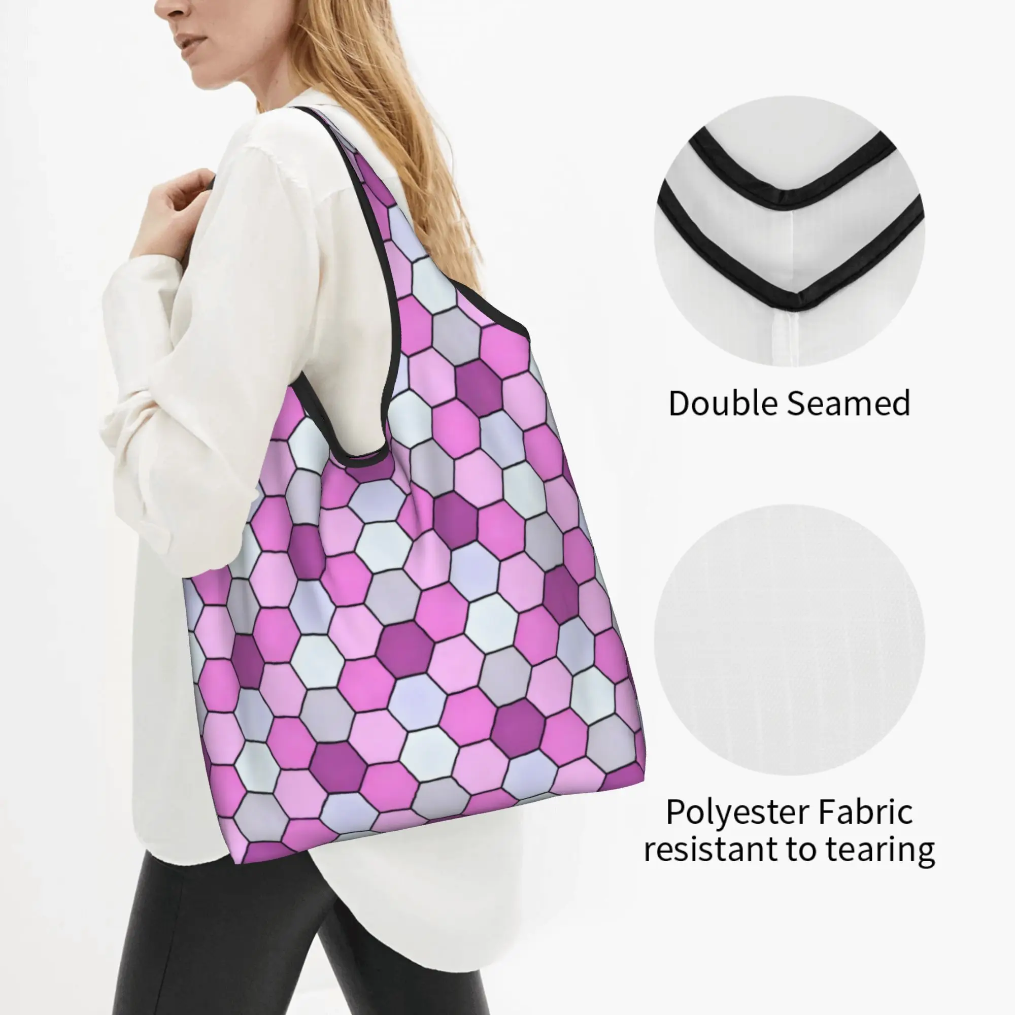 Reusable Honeycomb Geometric Hexagonal  Shopping Bag Women Tote Bag Portable Rainbow Grocery Shopper Bags