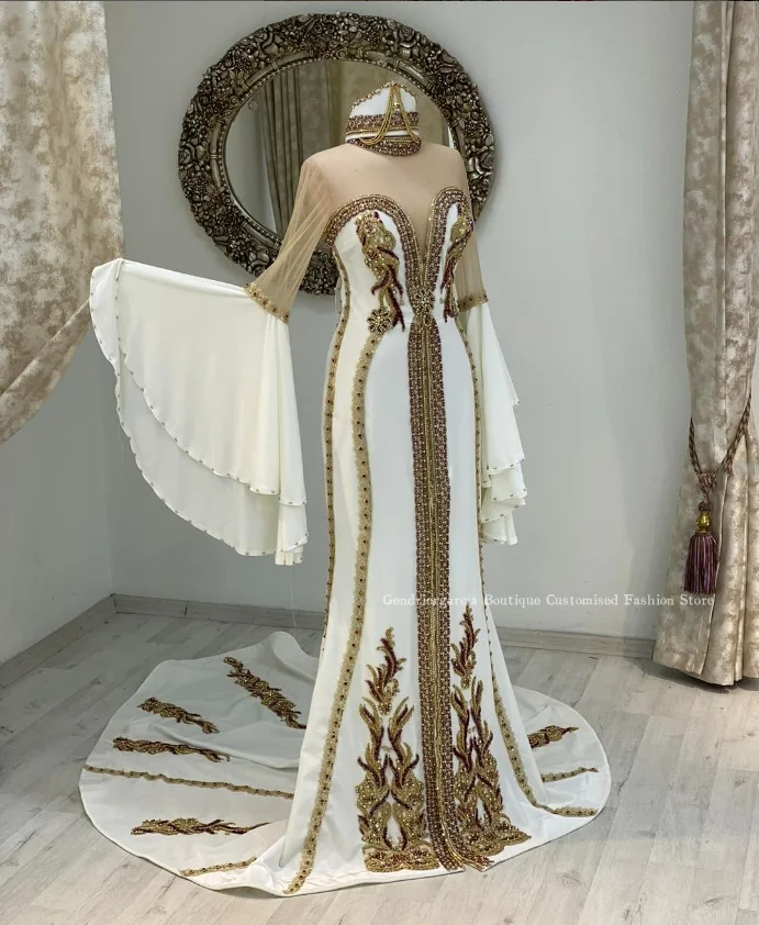 Luxury Embroidered Evening Gowns Long Sleeve Split Applique A-Line Marocca Robe Formal Occasion Customised Wedding Dresses