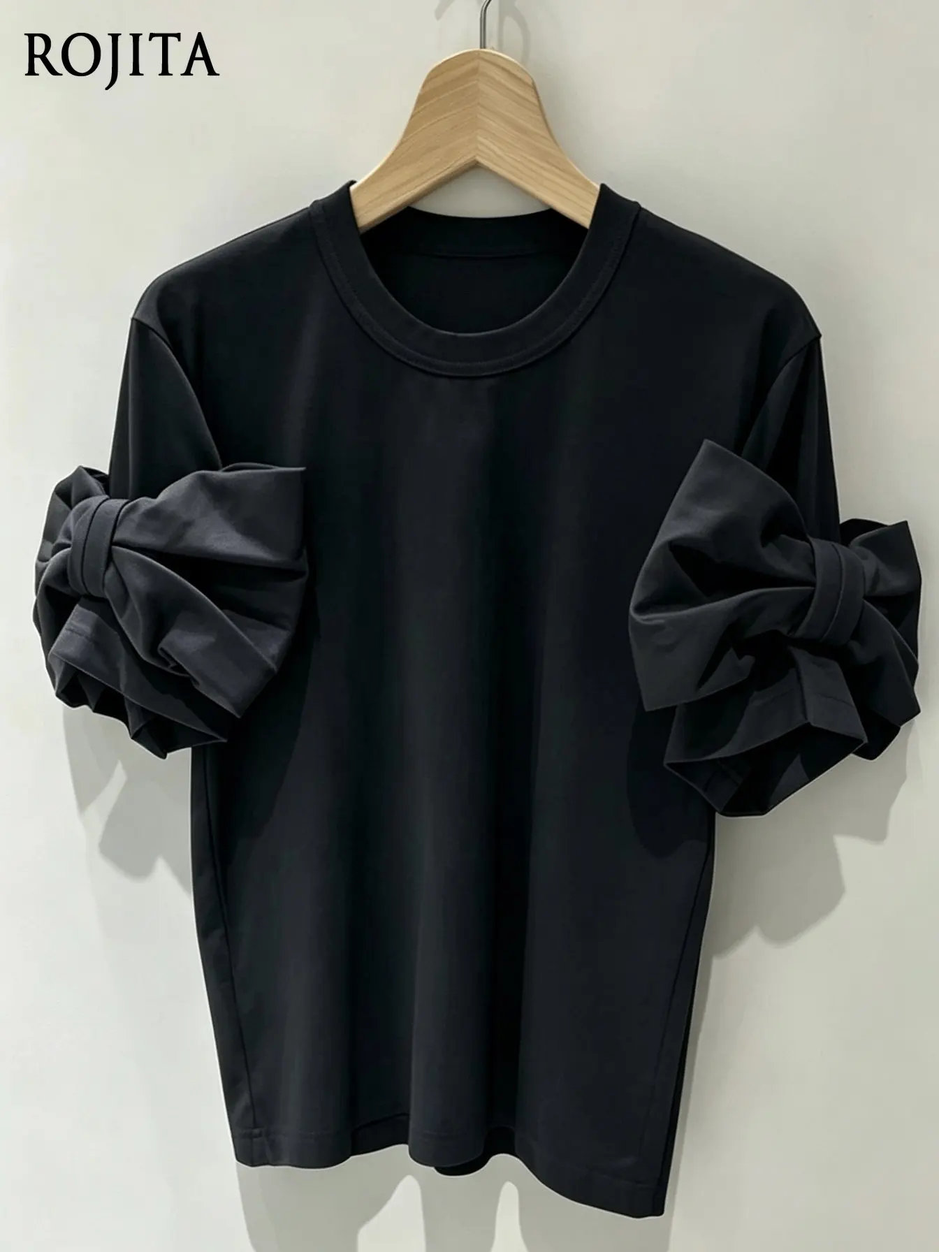 Japanese Bow Sleeves Crew Neck Short Sleeve T-Shirt Women Black Round Neck T Shirt with 3D Big Bow Decor on Sleeves