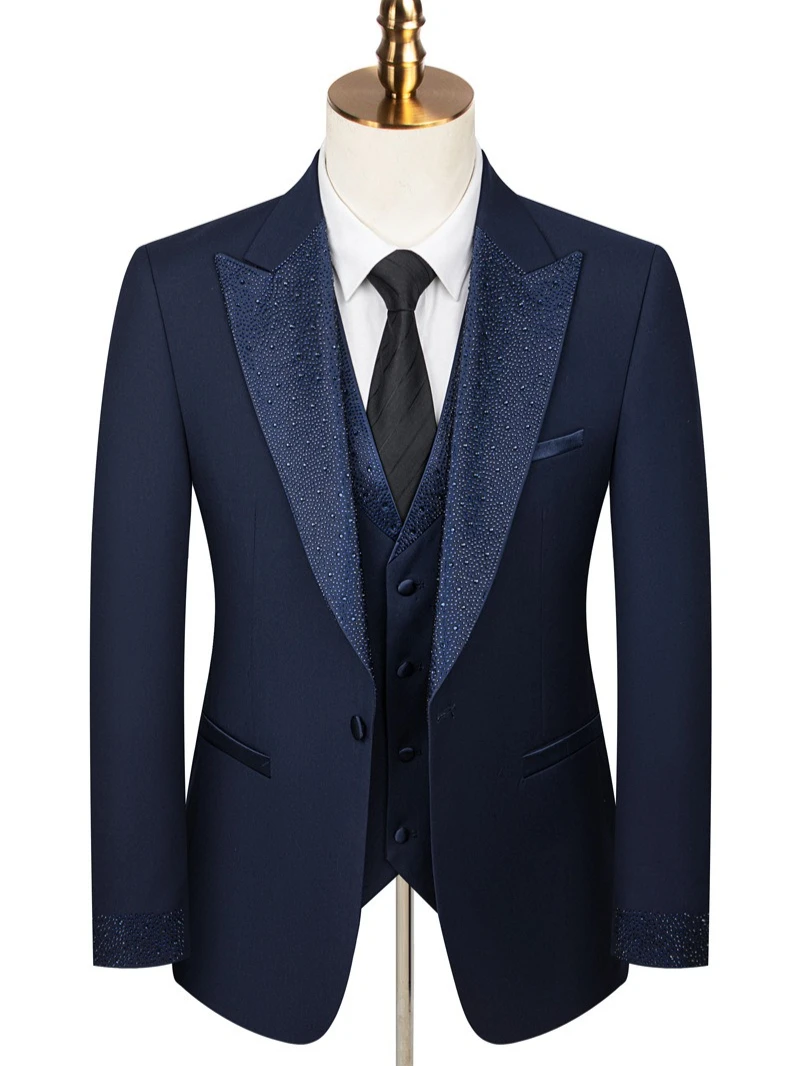 Brand Men's Suit Rhinestone Collar Host's Suits 3 Piece Set (Blazer+vest+Trouser) Wedding Office Party Prom Formal Dress Suit #6