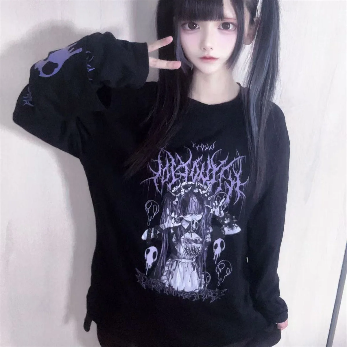 Original Crew Neck Black Y2K Long Sleeve T-Shirt Japanese Subculture Anime Print T Shirt Spring Autumn New Loose Versatile Tops