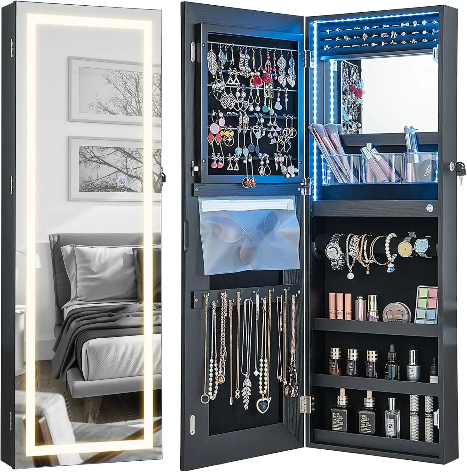 

LED Mirror Jewelry Cabinet, Lockable Jewelry Armoire with Adjustable Lighted Full Length Mirror, 3 Lighting Sets, Wall Mounted D