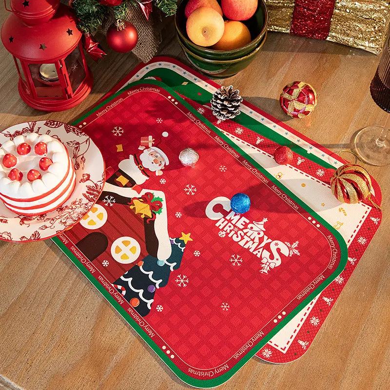 Christmas PU Leather Placemat Waterproof Oil‑proof Wipeable Table Mat Non‑Slip Dining Table Place Pad Xmas Party Decor 1pc