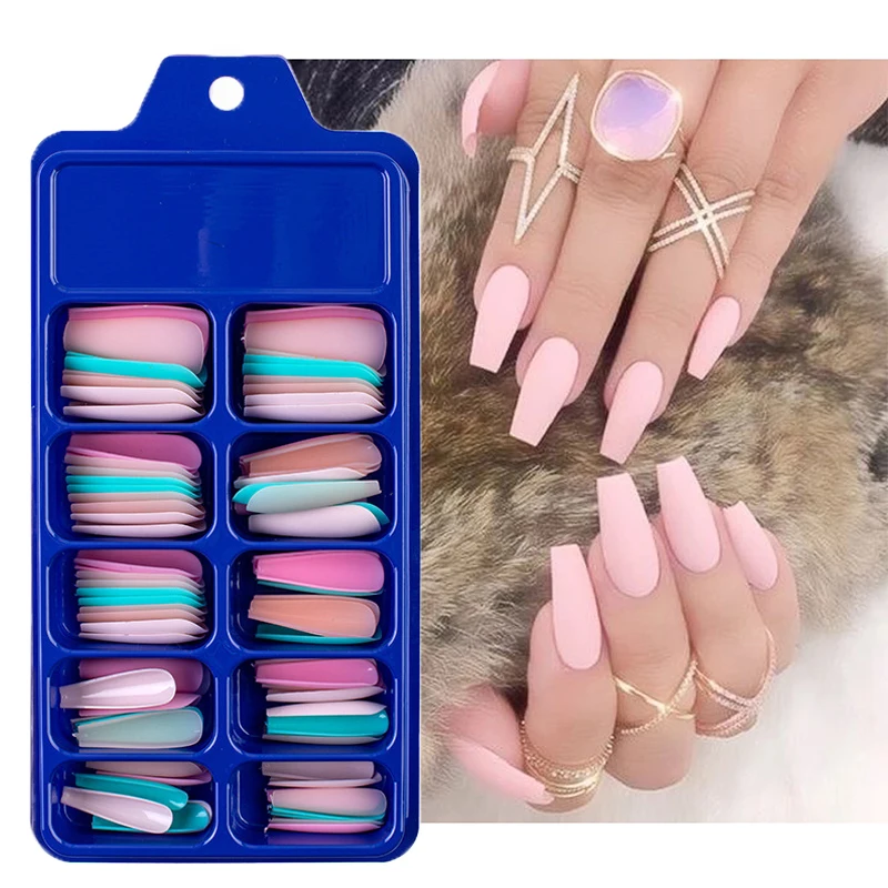 100pcs False Nails Coffin Nude/Light Color Mix Matte Artificial Long Ballerina Fake Nails Full Cover Nail Tips Press on Nails