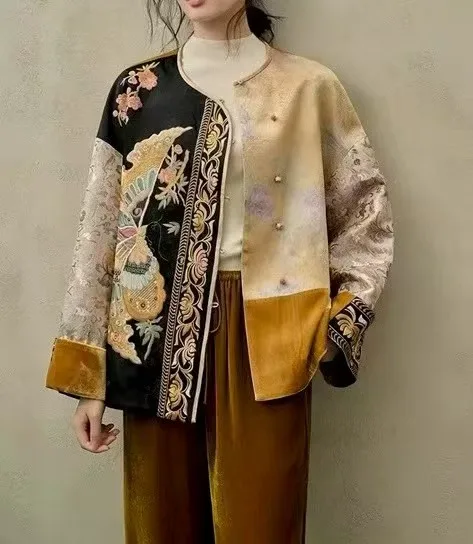 Autumn/Winter New O-Neck Silk Velvet Fabric Embroidered， Black and Yellow Splicing Design Long Sleeve Cotton Jacket S-XL