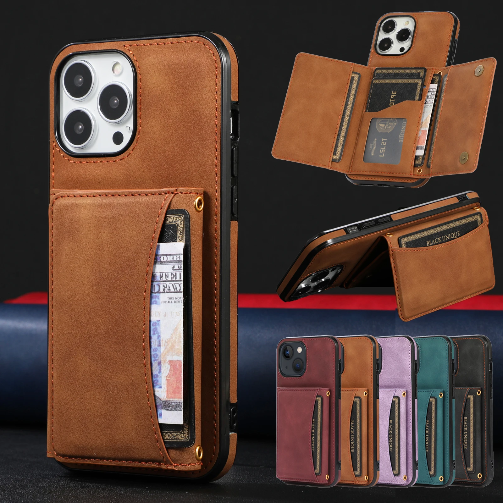 Wallet Leather Multi Cards Holder Phone Case For iPhone 15 14 13 12 Pro Max Mini 11 XR X XS 7 8 Plus Se 2022 Shockproof Cover