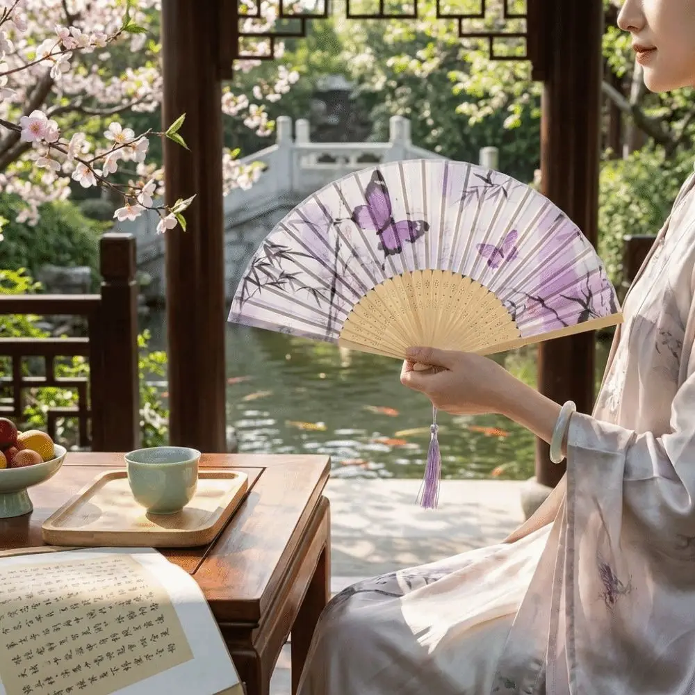 Portable Chinese Style Silk Folding Fan Handmade Cooling Handheld Fan Butterfly Pattern with Tassel Retro Bamboo Fan Party Props