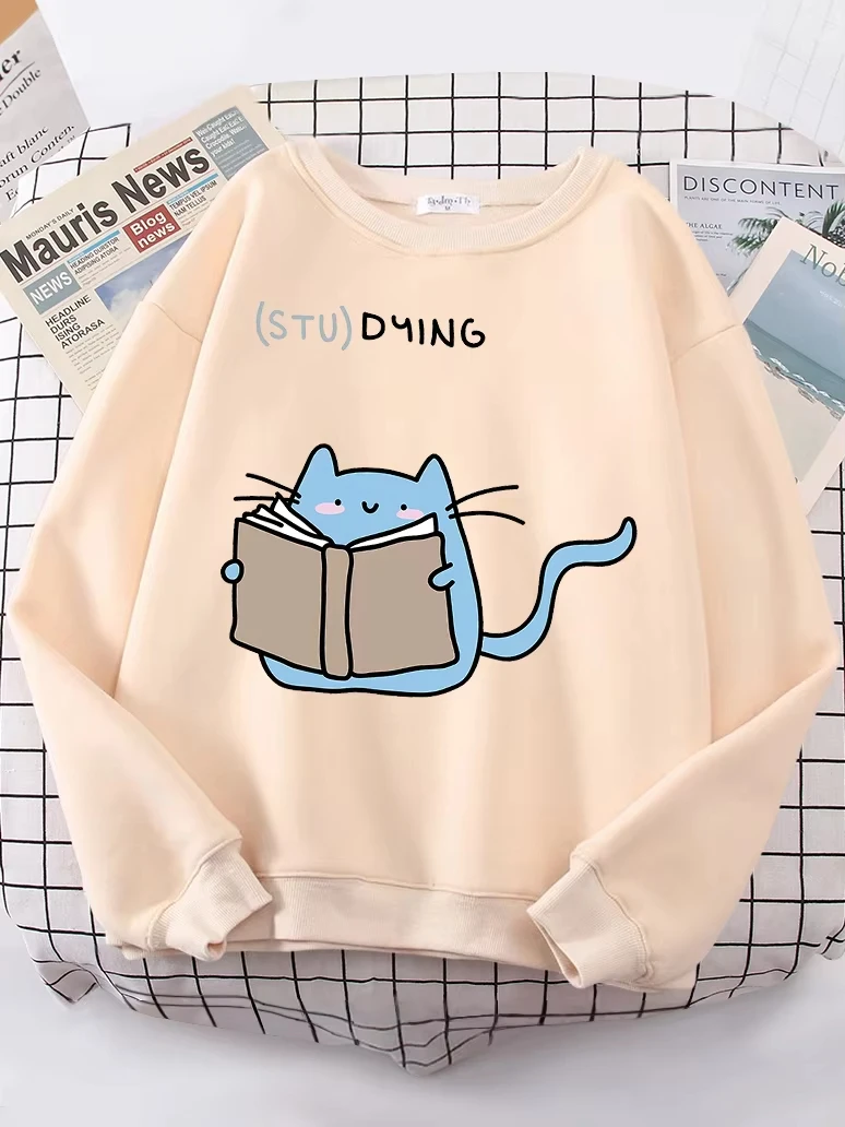 Females Sweatshirts Love Studing Cute Cat Printed Tops Womens Korean Fashion Oversize Sweater Kawaii Animal 2022 New Lady Hoodie