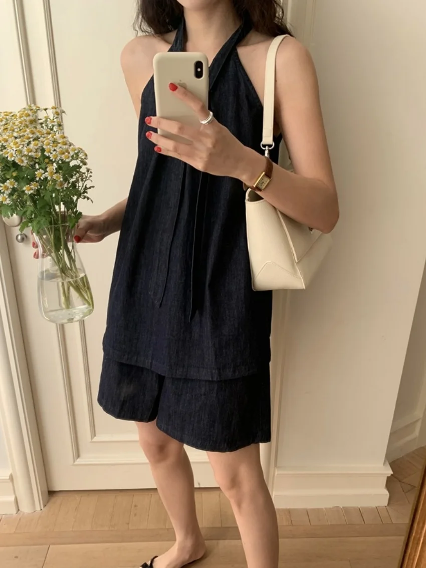 Alien Kitty Solid Holiday Women Suits Halter Loose New Blouses Summer Daily Sexy OL Chic Casual High Street Wide Leg Shorts