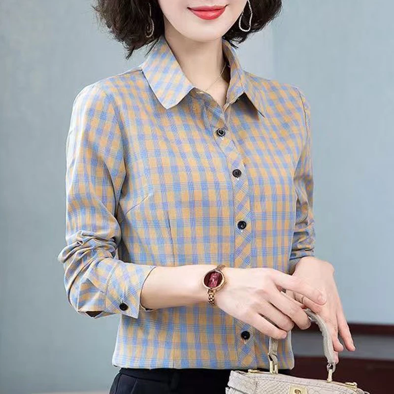 New Women Vintage Classic Plaid Elegant All Match Button Shirts Spring Autumn Fashion Office Lady Basic Blouses Long Sleeve Tops