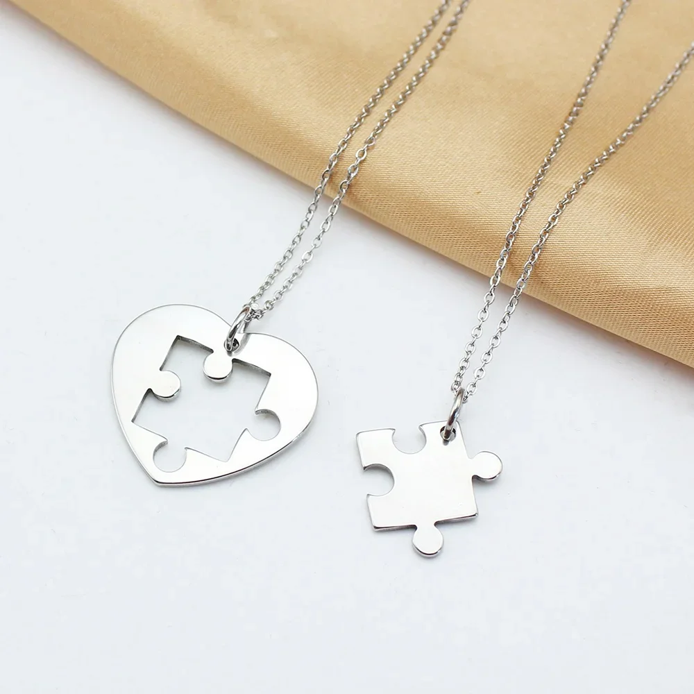 2PCS/Set Stainless Steel Puzzle Heart Shape Couple Necklace Hip Hop Punk Love Stitching Collar for Women Friendship Jewelry