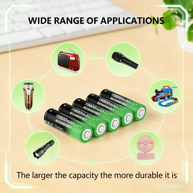 

19800mAh 3.7V Rechargeable Battery New 18650 Li-Ion Dry Battery High Capacity for LED Flashlight and Electronic Devices Battery