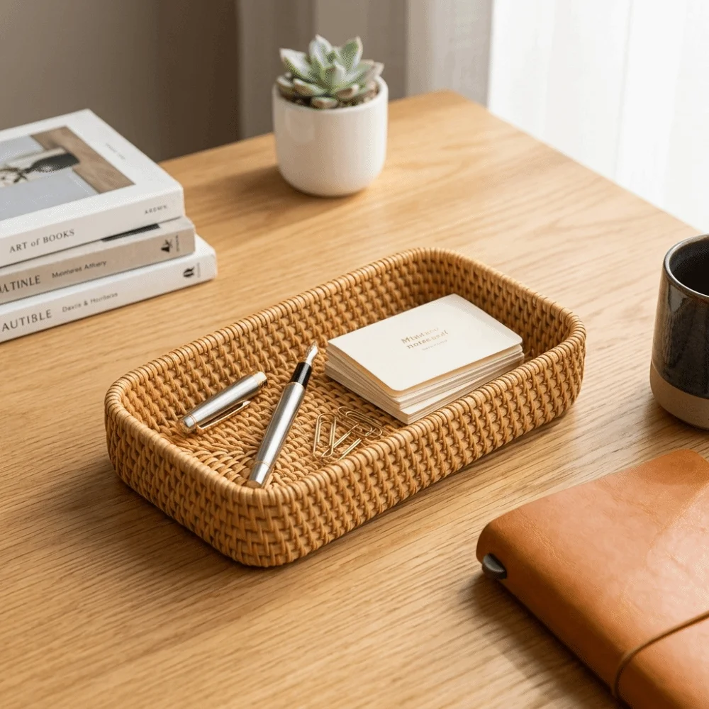 Plant fiber Serving Tray Flat Tray Breathable Structure Storage Basket Woven Texture Sturdy Catchall Organizer Kitchen Counter