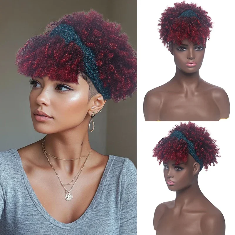 Short Afro Kinky Curly Headband Wig High Puff Curly Wig with Headband Attached Synthetic Deep Curly Scarf Wigs for Black Women