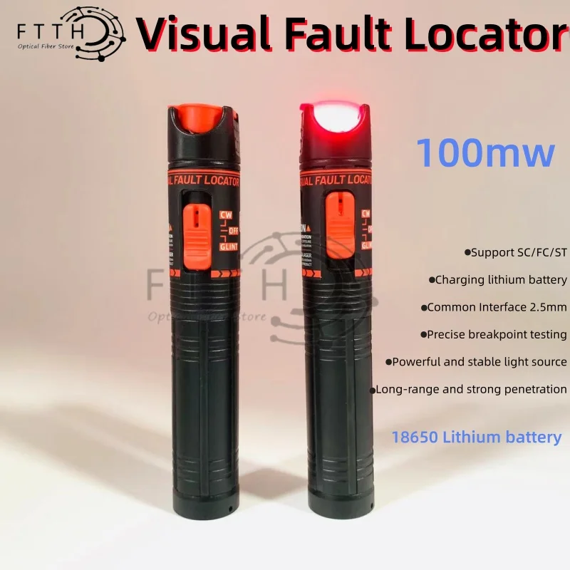 NEW VFL100MW Visual Fault Locator Fiber  sc/st/fc  Optical Red Light Pen Rechargeable100mw VFL Fiber Optic Cable Tester type-c