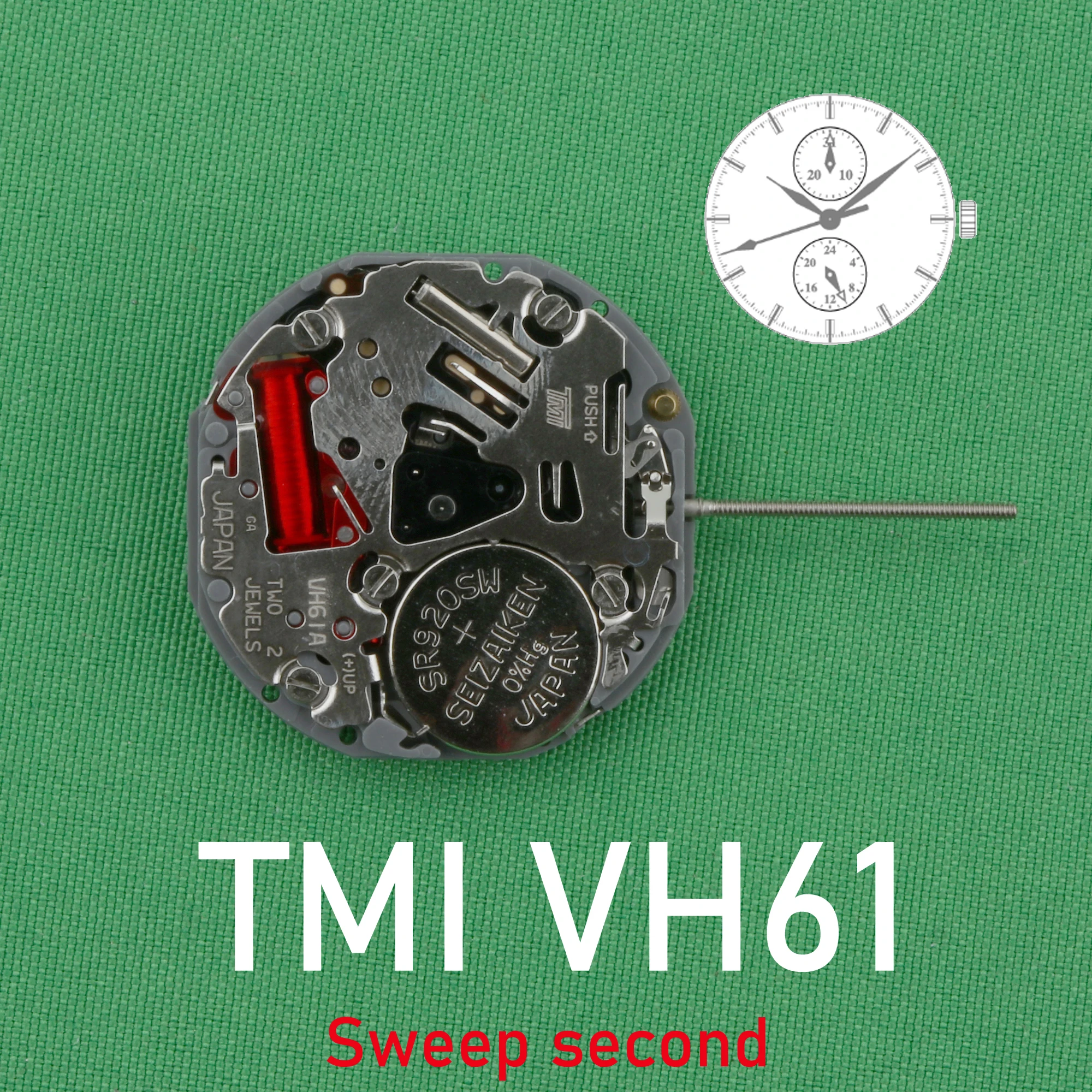 TMI VH61 movement VH61A movement VH61B movement Sweep second Size: 10 ½‴ Height: 3.45mm Multi-eye (date, 24 hr) watch movement