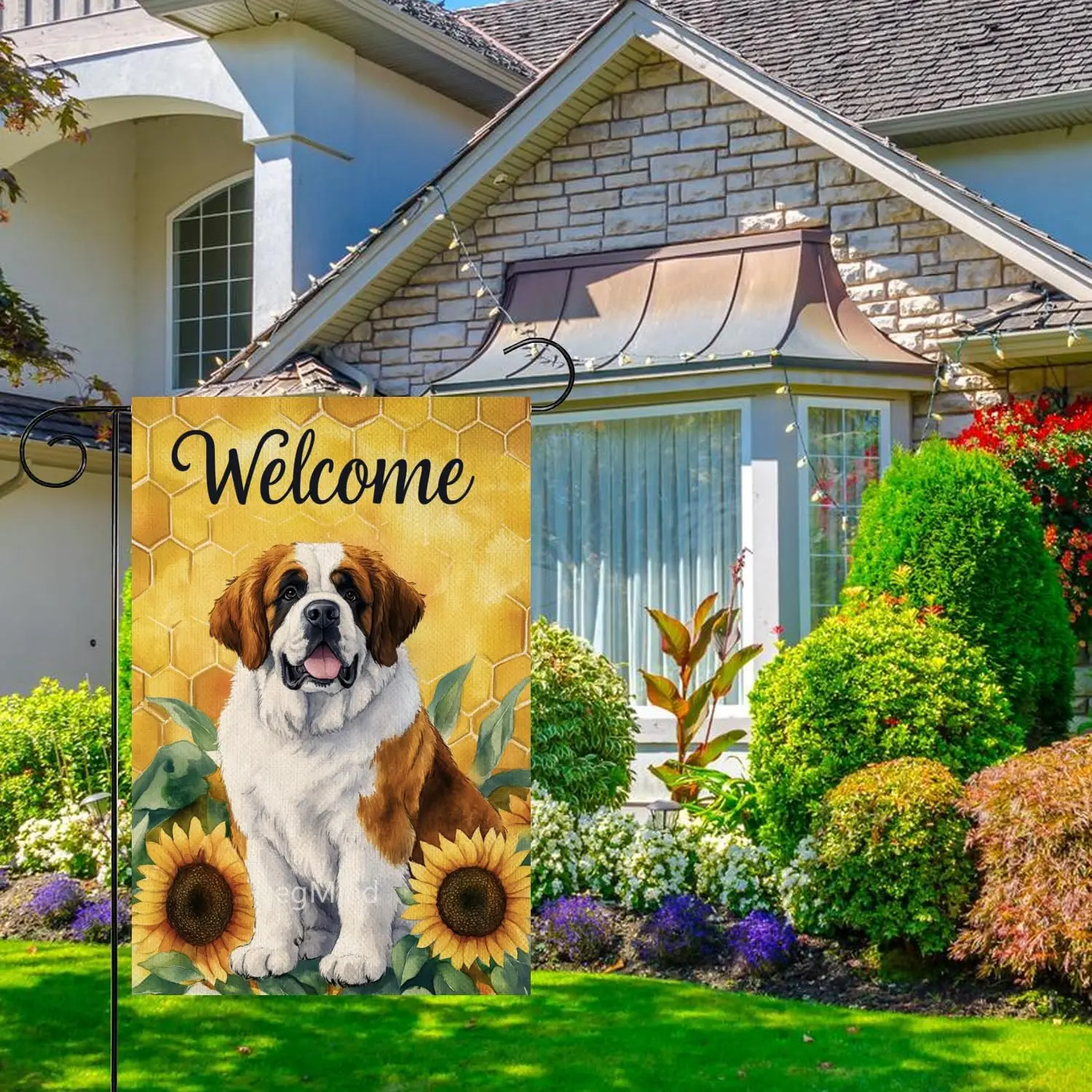 Sunflower Spring Summer Garden Flag Saint Bernard Dog Garden Flag 12x18 Inch Double Sided Outside, Welcome Sunflower Yard Fl EEZ