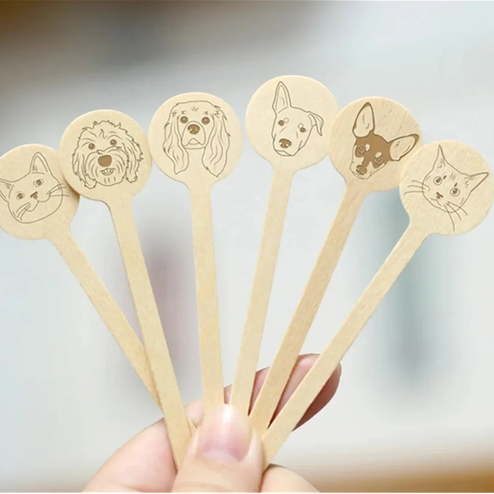 

50 Personalized Dog Cat wood Cupcakes Toppers, Wood Engraved Cocktail sticks, Custom Pet Drink Stir Stick, Wedding Drink Sticks