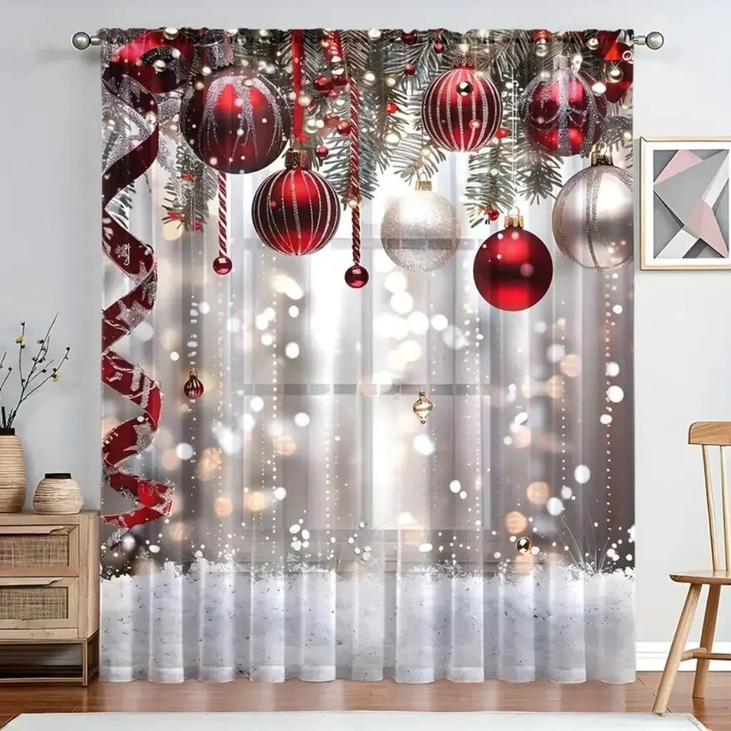 Christmas Cheer Semi Polyester Curtain 3D Digital Printed Light-Filtering Window Drape for Festive Home Decor, Rod Pocket Design