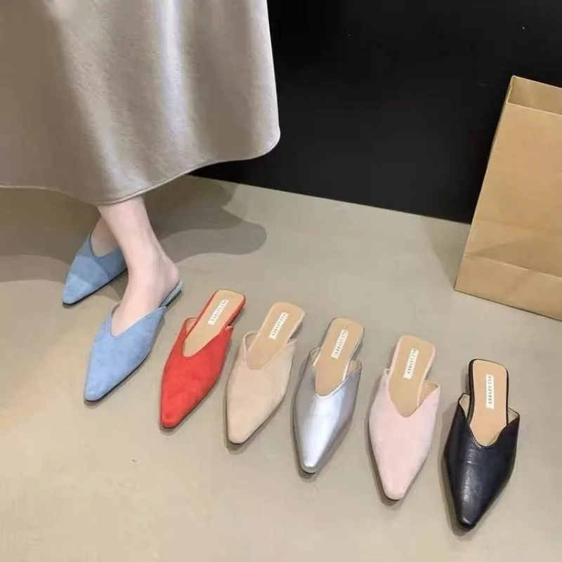 

Flannelette Wrapped Half Drag Women Wear 2026 New Pointed Toe Lazy Low-heeled Slippers