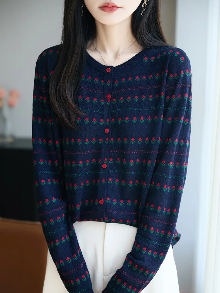 

Sweet Floral Stripe Knitted Cardigan Early Autumn Thin Outerwear Sweater Top Trendy ort Coat Soft Loose Fit round Ne Long...