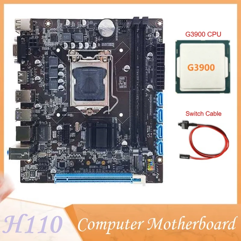 

H110 Computer Motherboard Supports LGA1151 6/7 Generation CPU Dual-Channel DDR4 Memory+G3900 CPU+Switch Cable