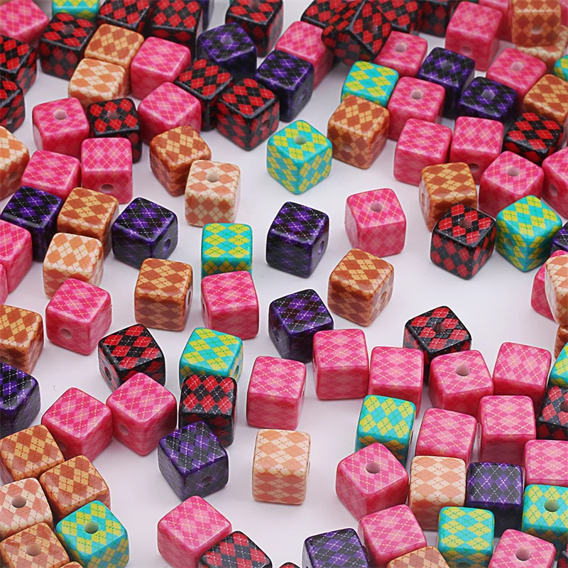 Wholesale 50pcs/lot 15mm color pattern geometry square shape resin straight hole bads diy jewelry accessory