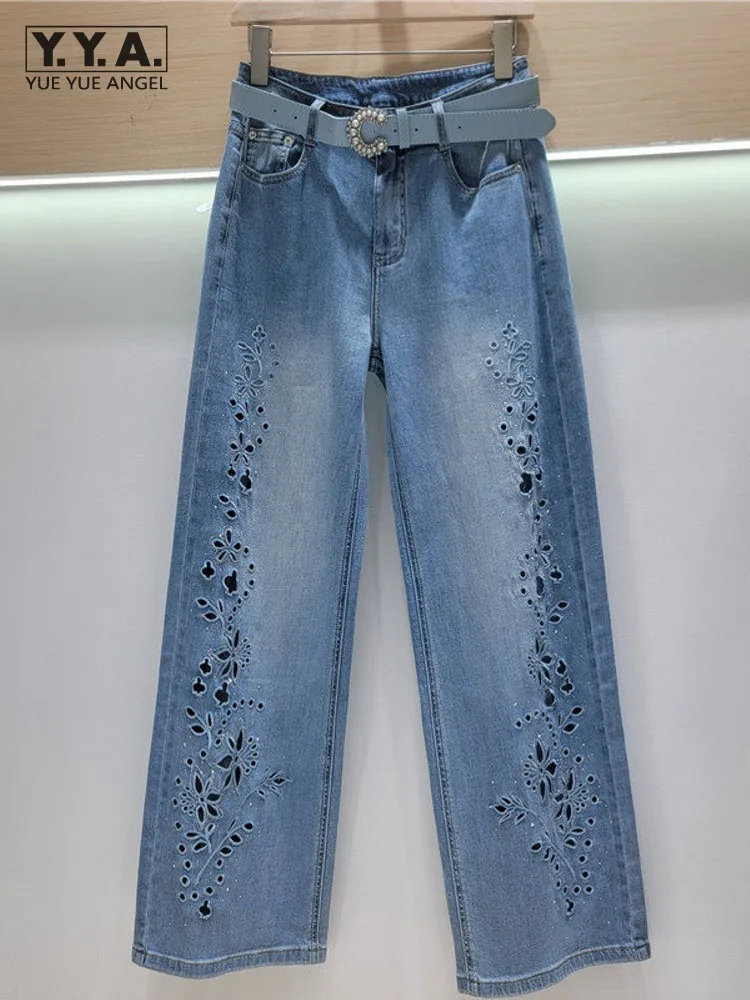 

New Fashion Women High Waist Embroidery Hollowed Out Jeans Loose Fit Wide Leg Pants Summer Casual Ladies Denim Straight Trousers