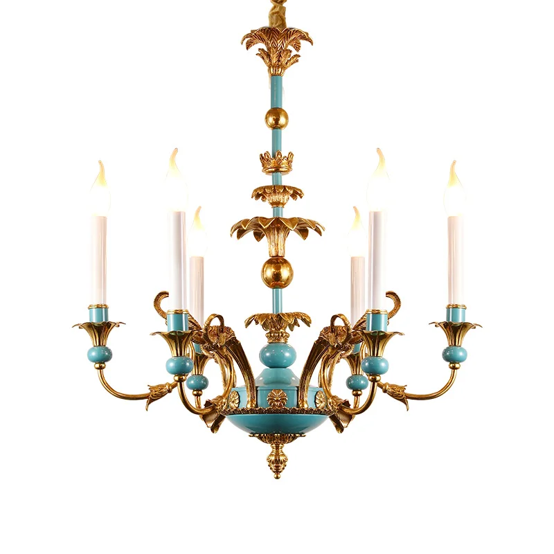 

French Pastoral Brass Ceramic Chandelier Home Deco Living Room Hotel Pendant Lamp European Vintage Candle Copper Light