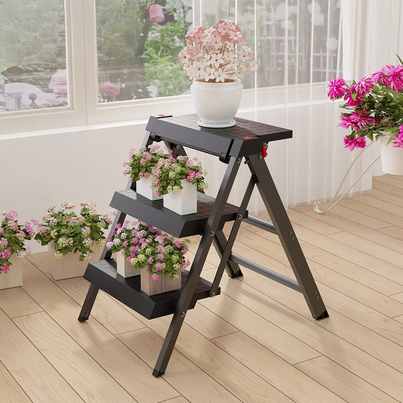 

Многофункциональная складная лестница Kangyale, маленькая портативная трехступенчатая лестница из утолщенного алюминиевого сплава, черная телескопическая лестница для использования в помещении