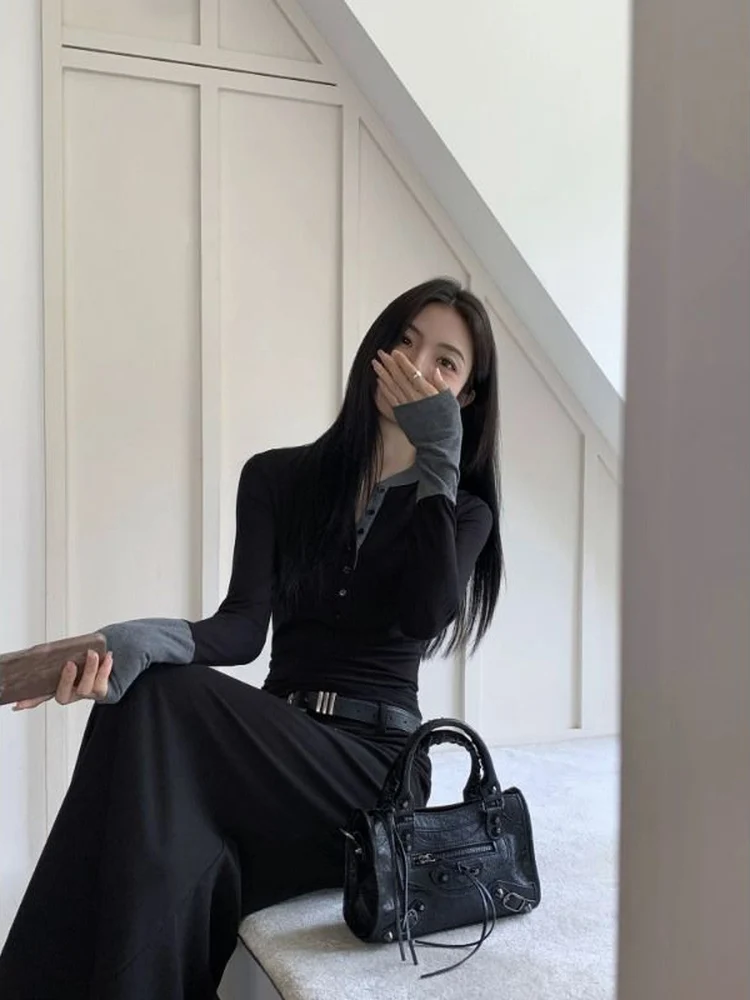 American Color Block Fake Two-Piece Long Sleeve Slim Fit Short T-Shirt Women's Spring Autumn Fashionable Top Korean Style Cotton