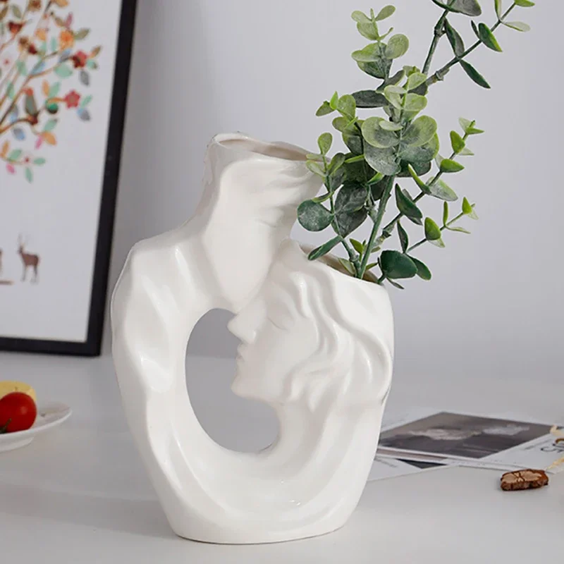 Kissing Sculpture Vase Ceramic Pot Couple Arrangement Container Character Decor Floral